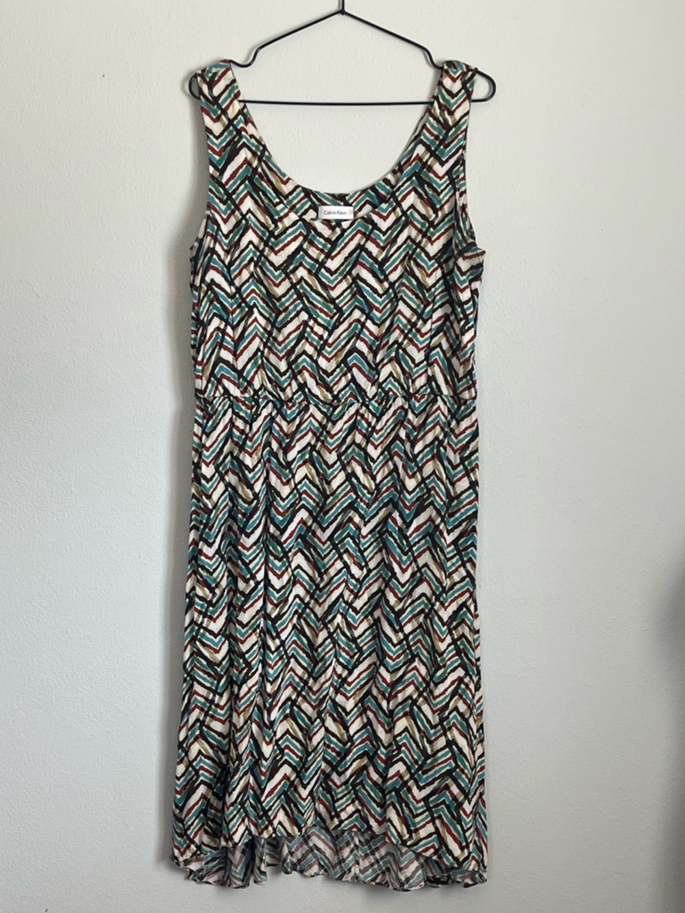 Calvin Klein Chevron Maxi Dress in Teal, Brown & Cream